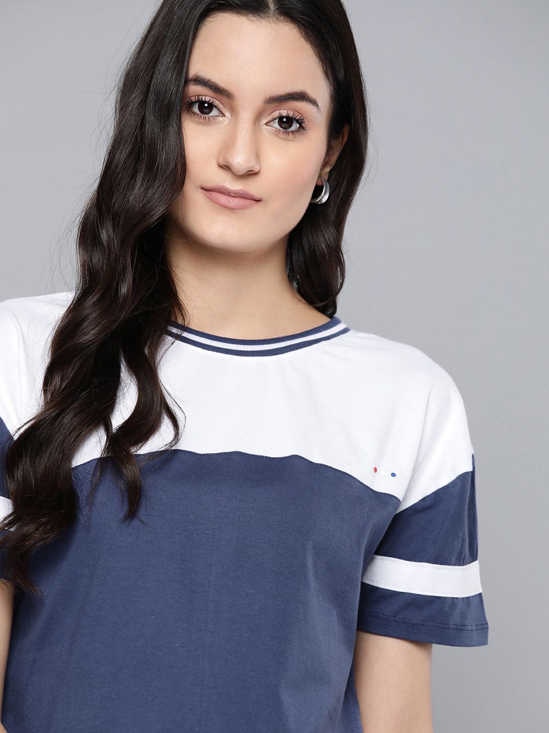 Harvard Women Navy Blue & White Colourblocked Pure Cotton Round Neck T-shirt