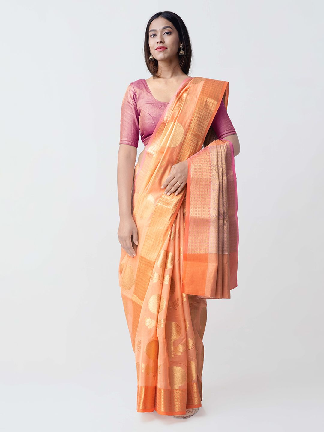 Unnati Silks Peach-Coloured & Pink Silk Cotton Woven Design Banarasi Saree