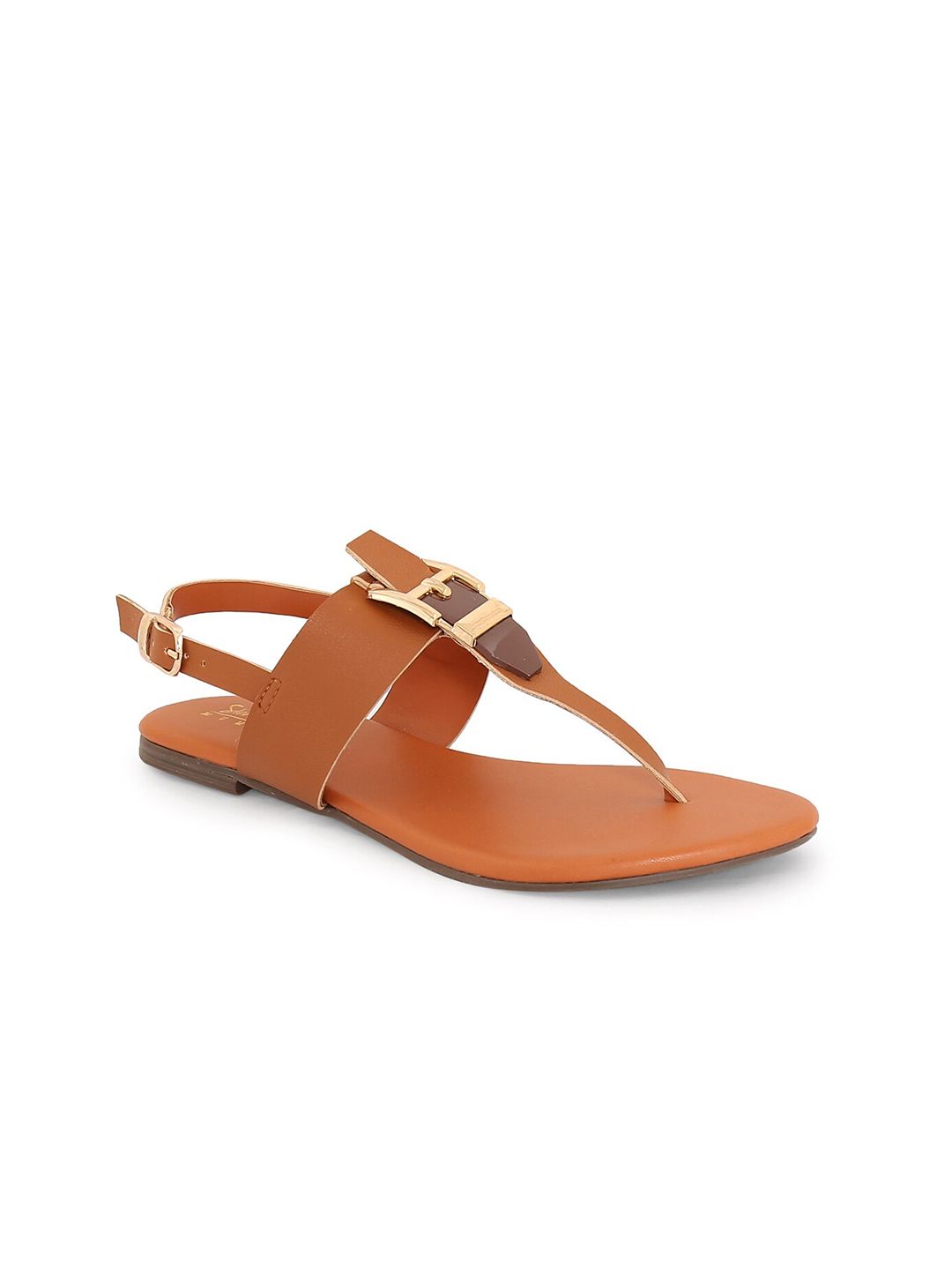 Siendo Desi Women Tan Brown Solid T-Strap Flats