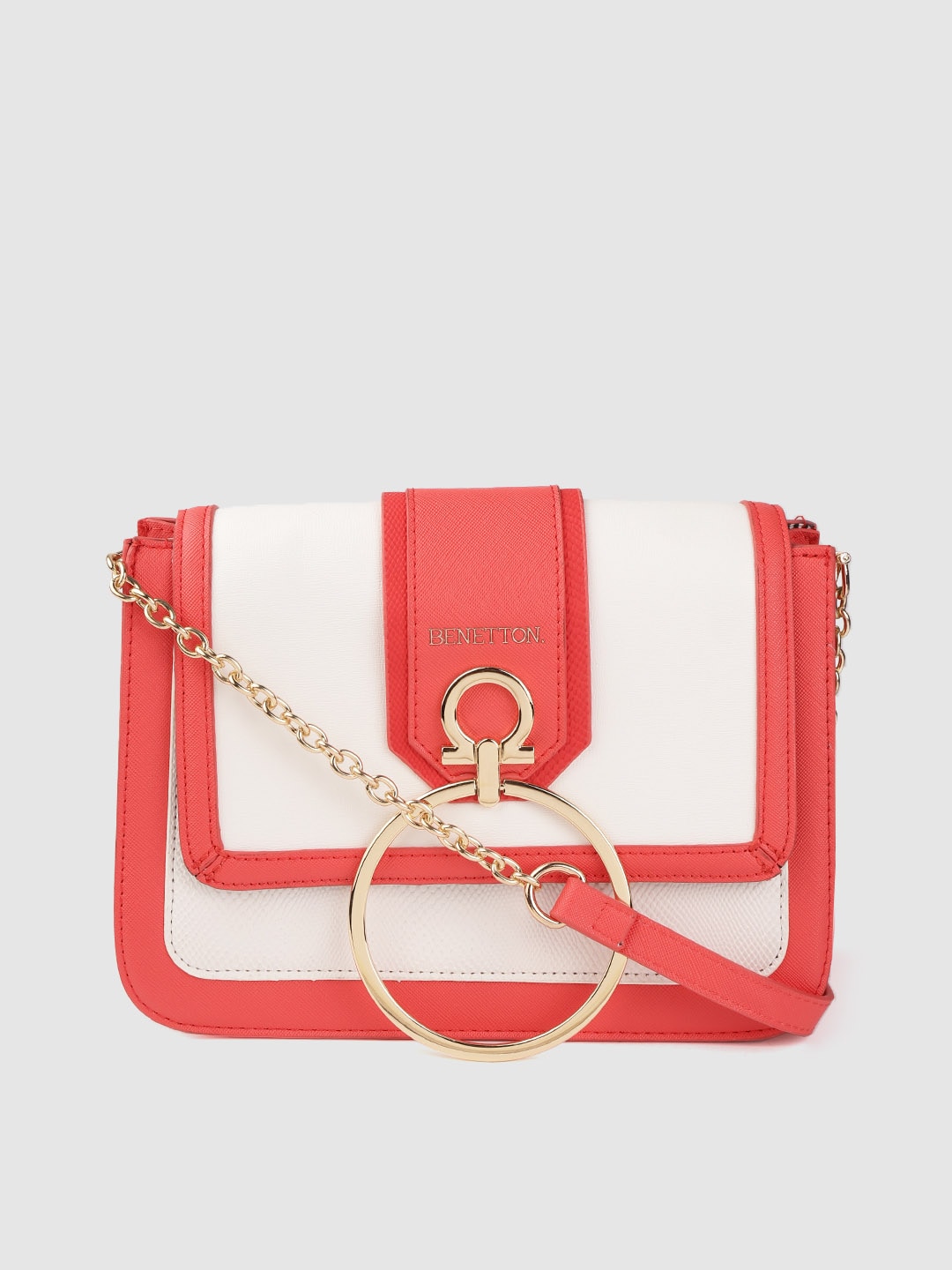 United Colors of Benetton White & Red Snakeskin Textured Sling Bag Price in India