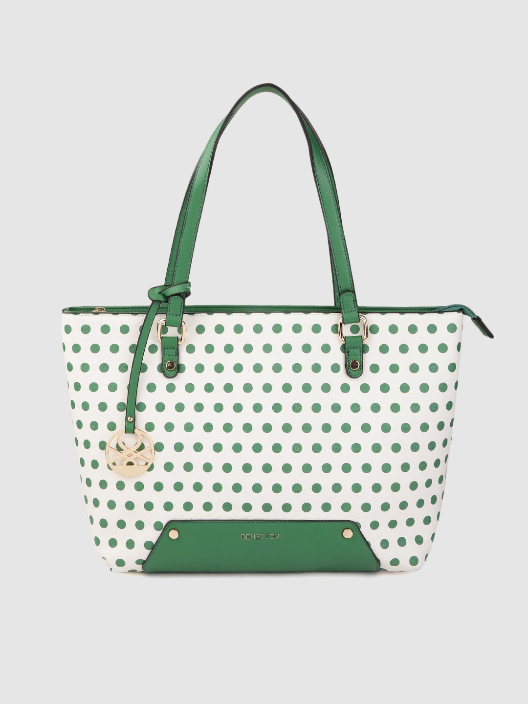 United Colors of Benetton White & Green Polka Dot Print Shoulder Bag Price in India