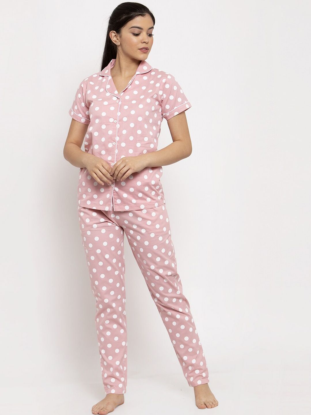 Claura Women Pink & White Printed Night suit Price in India