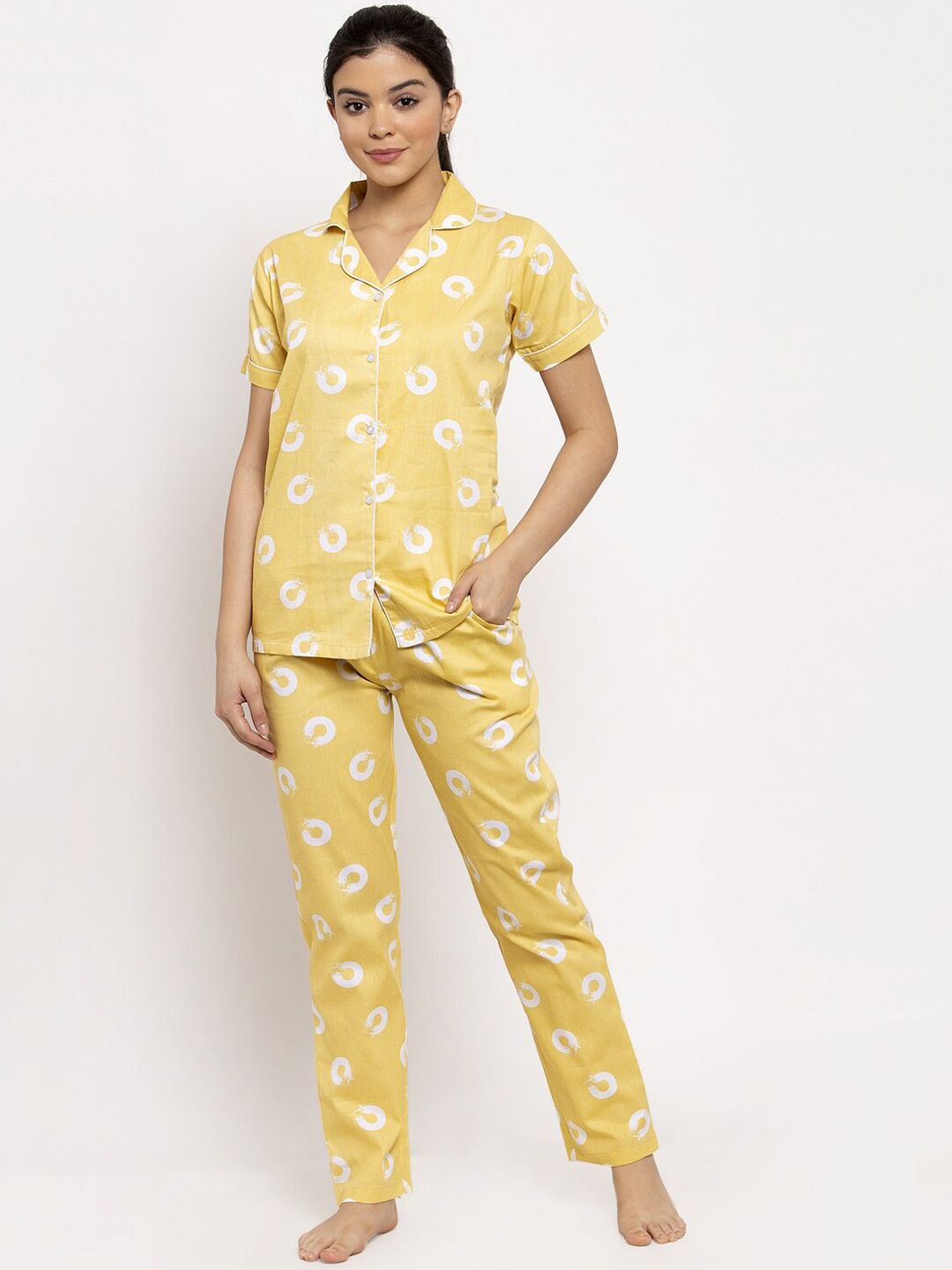 Claura Women Yellow & White Printed Night suit Price in India