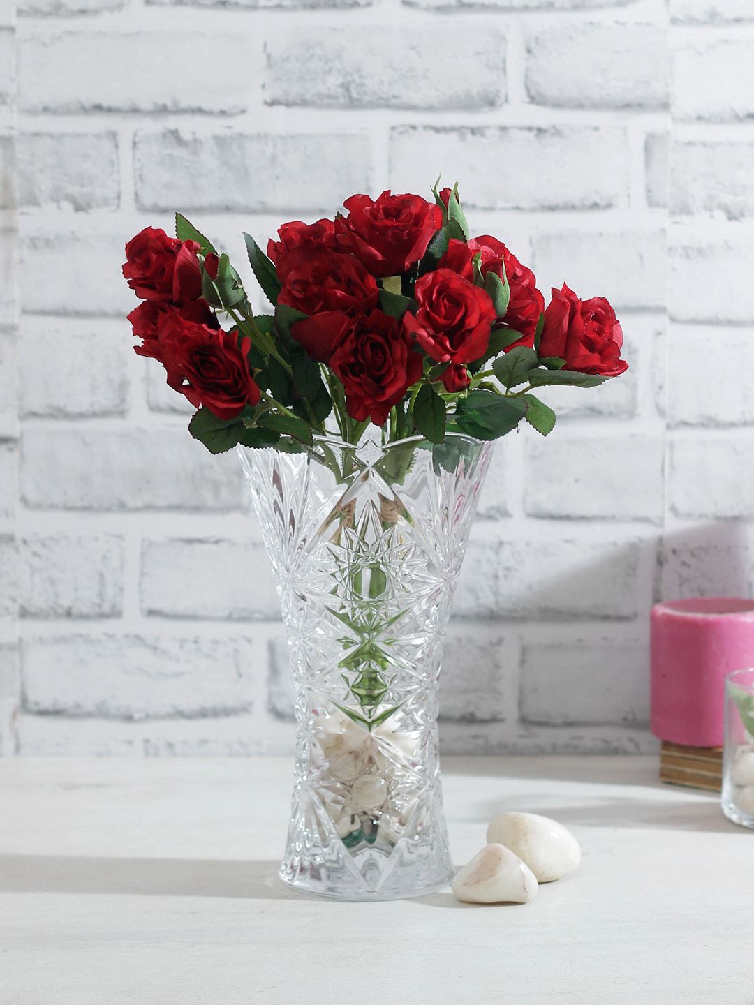 TAYHAA Bunch Of 2 Red & Green Artificial Rose Flower Sticks Price in India