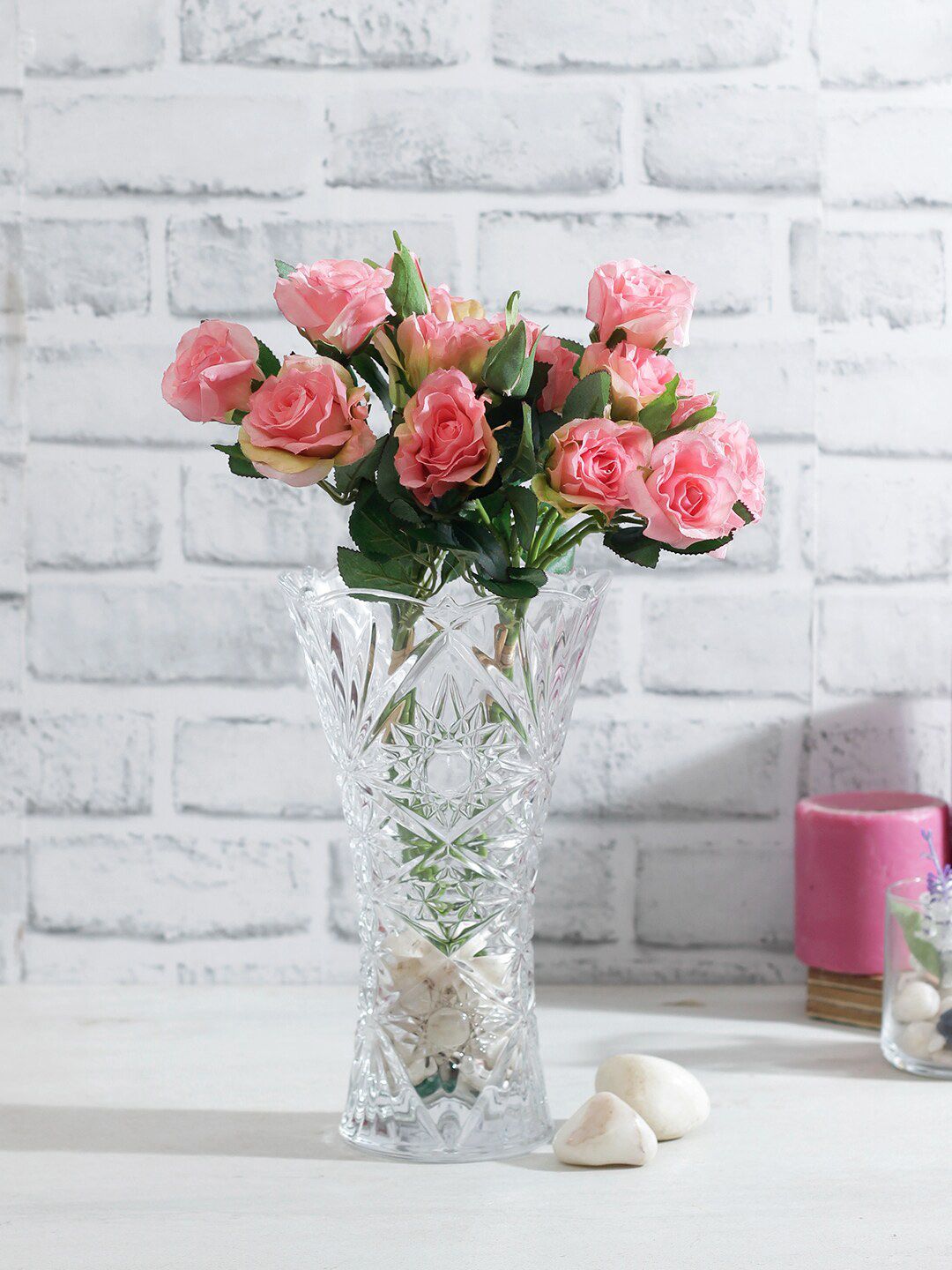 TAYHAA Bunch Of 2 Pink & Green Artificial Rose Flower Sticks Price in India