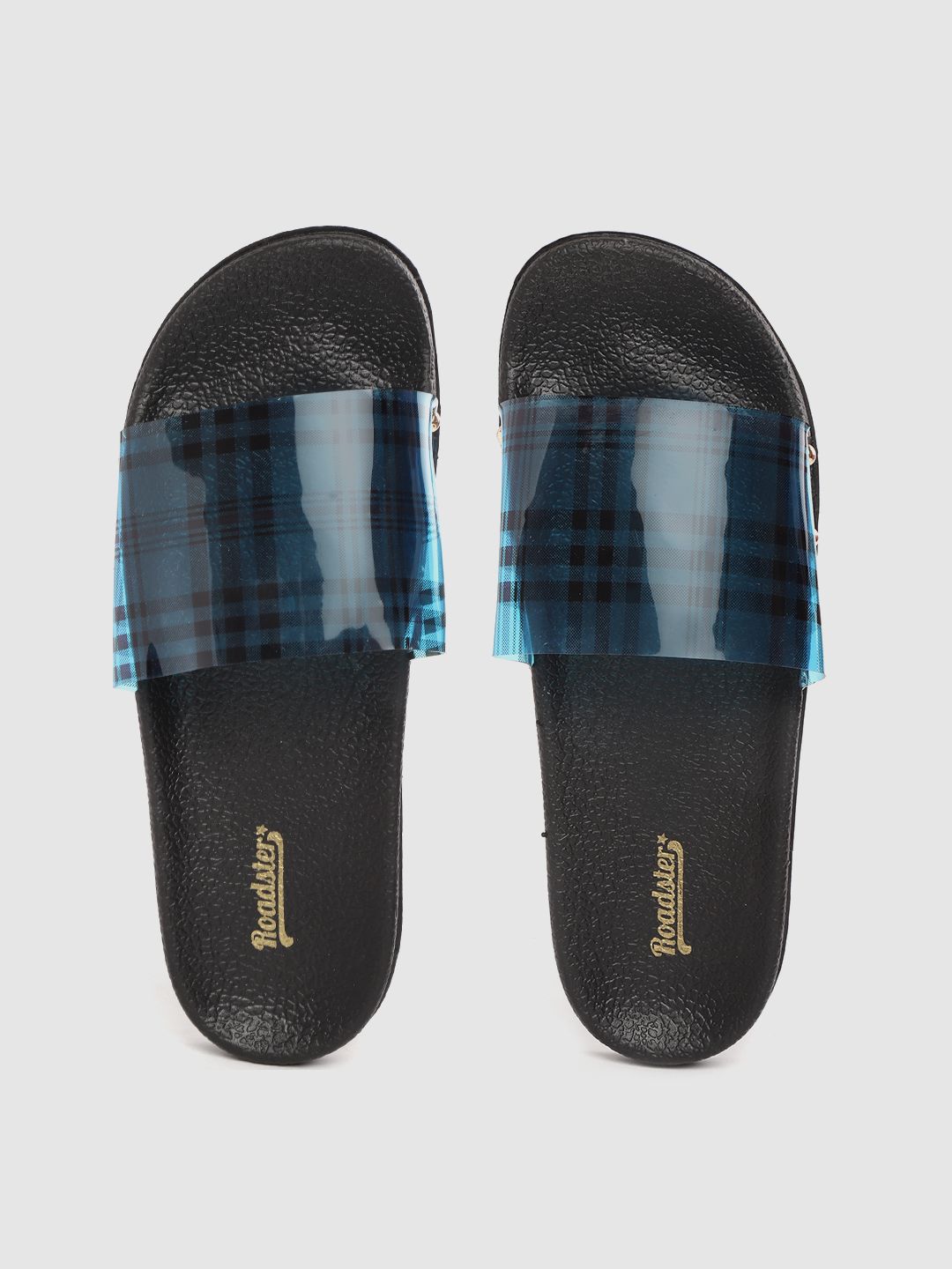 Roadster Women Teal Blue & Black Checked Sliders Price in India
