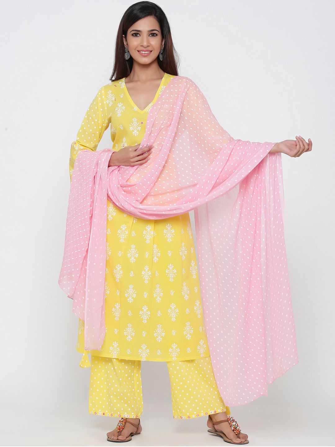 Jaipur Kurti Women Yellow & White Printed Kurta with Palazzos & Dupatta Price in India