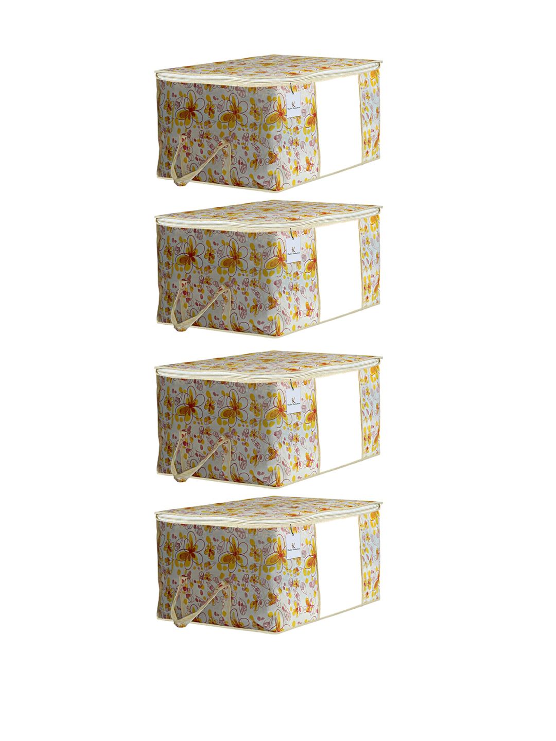 Kuber Industries Set Of 4 White & Yellow Flower Printed Underbed Storage Bags With Transparent Window Price in India