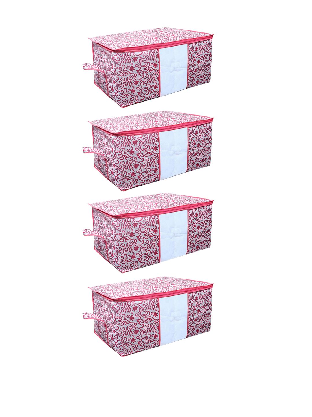 Kuber Industries Set Of 4 White & Pink Leaf Printed Underbed Storage Bags With Transparent Window Price in India