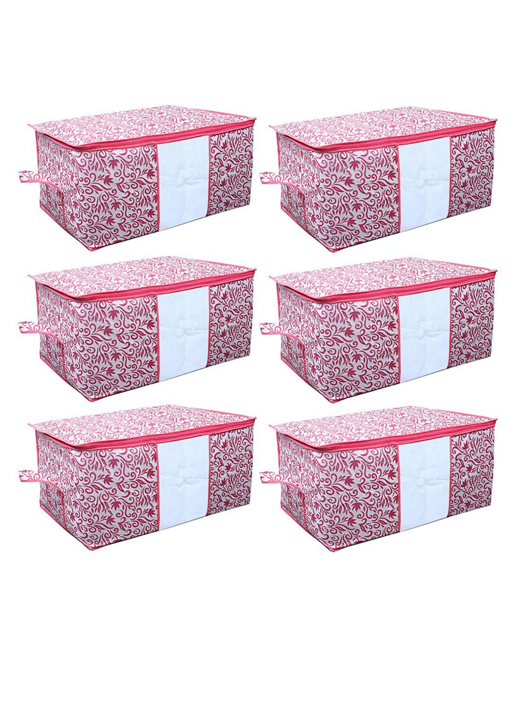 Kuber Industries Set Of 6 White & Pink Leaf Printed Underbed Storage Bags With Transparent Window Price in India