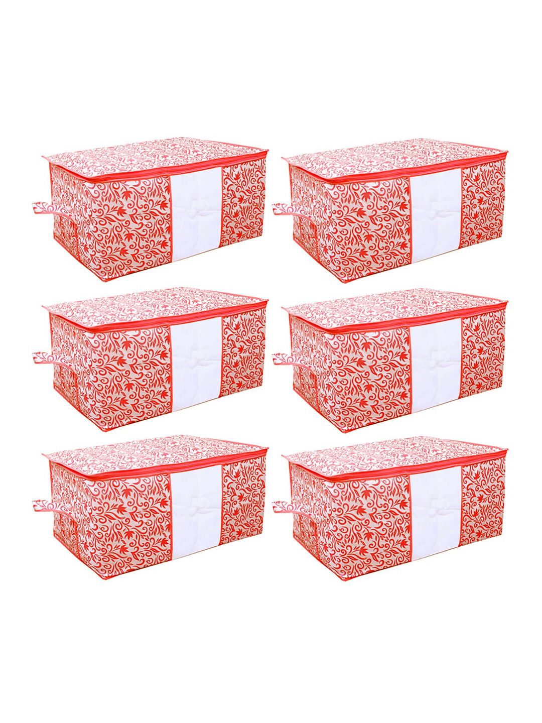 Kuber Industries Set Of 6 White & Red Leaf Printed Underbed Storage Bags With Transparent Window Price in India