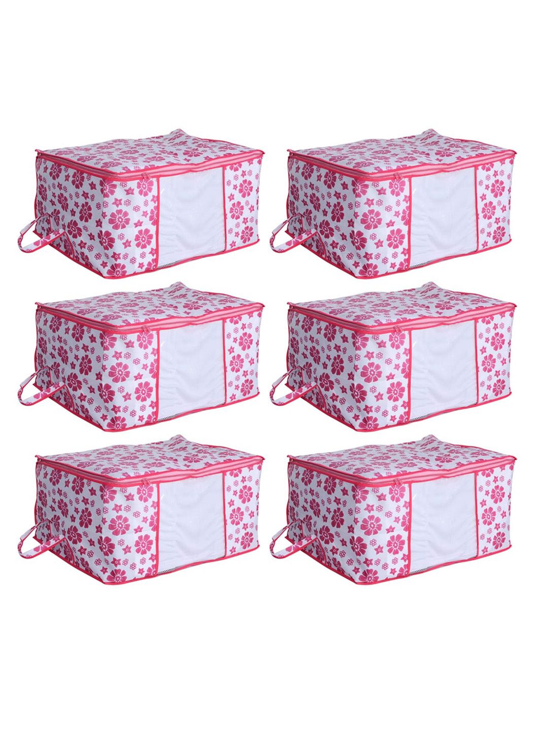 Kuber Industries Set Of 6 White & Pink Flower Printed Storage Bags With Transparent Window Price in India