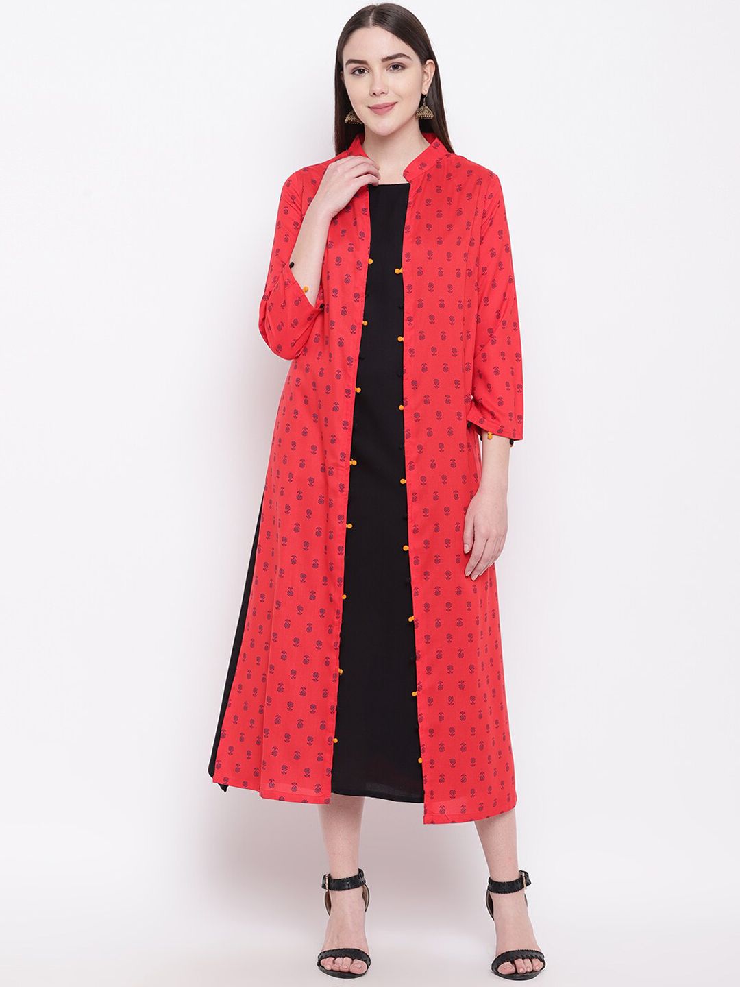 RIVI Women Red & Black Printed A-Line Dress