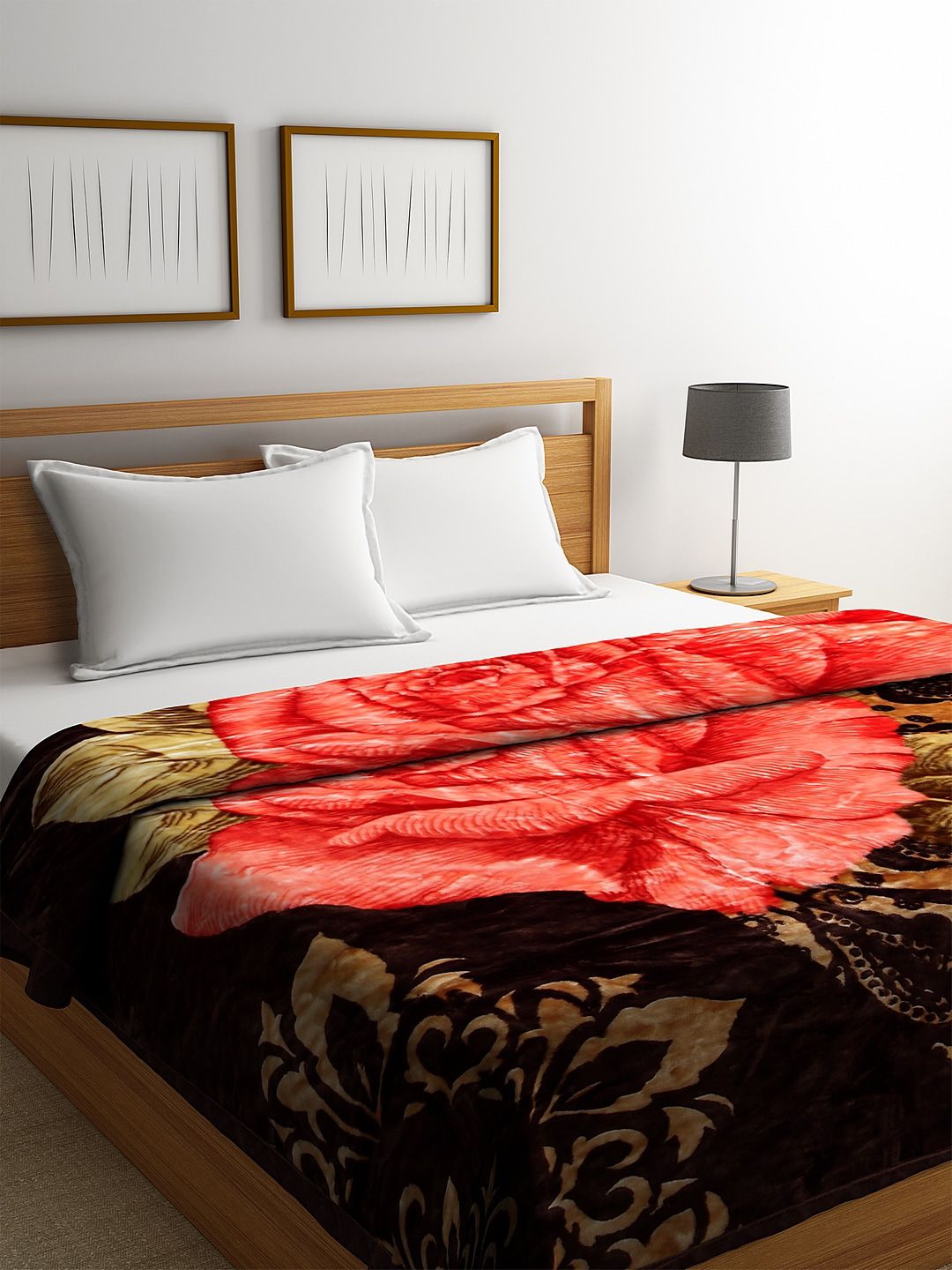 KLOTTHE Brown & Orange Floral Heavy Winter 800 GSM Double Bed Blanket Price in India