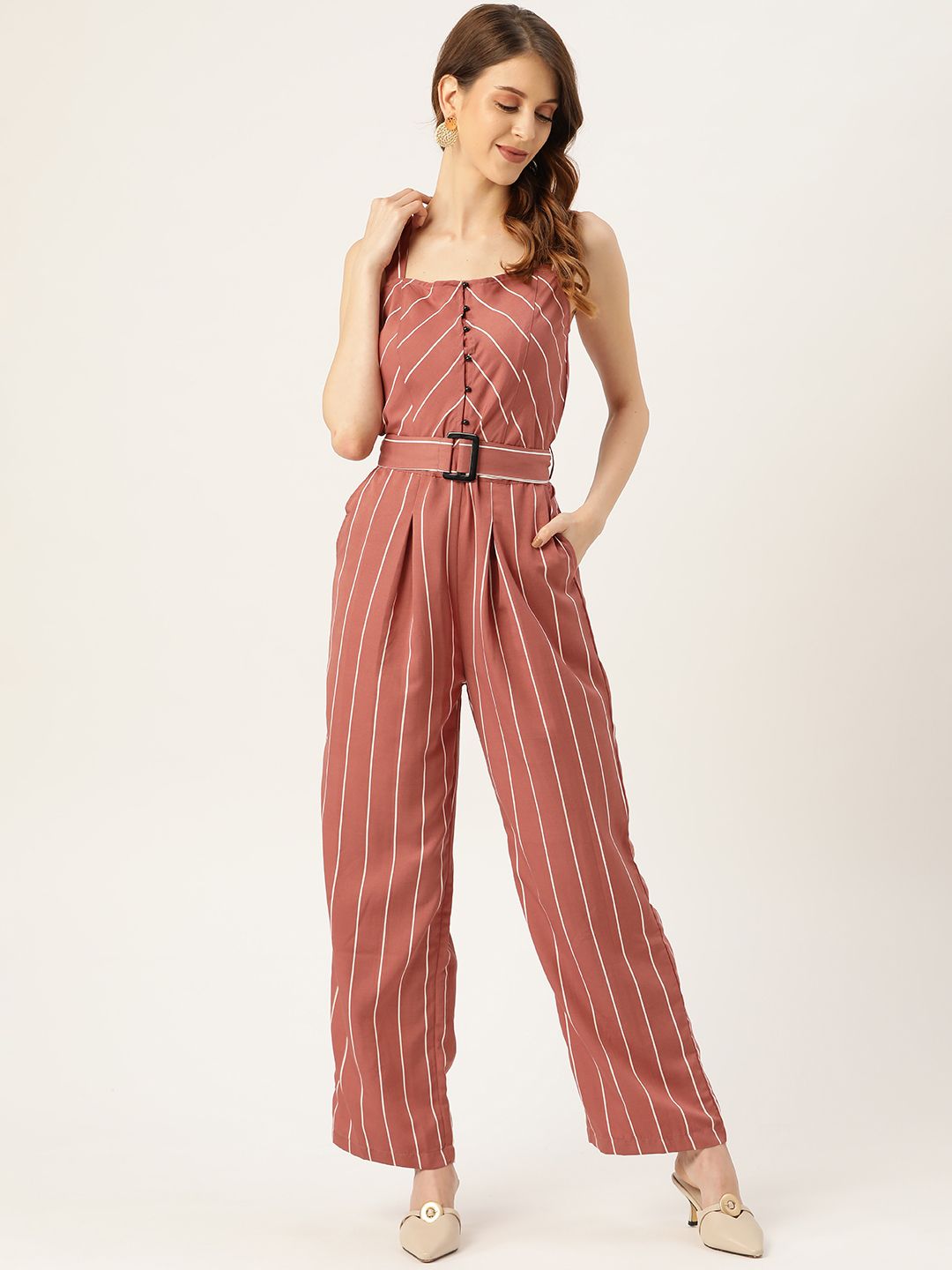 Antheaa Women Dusty Pink & White Striped Basic Jumpsuit Price in India