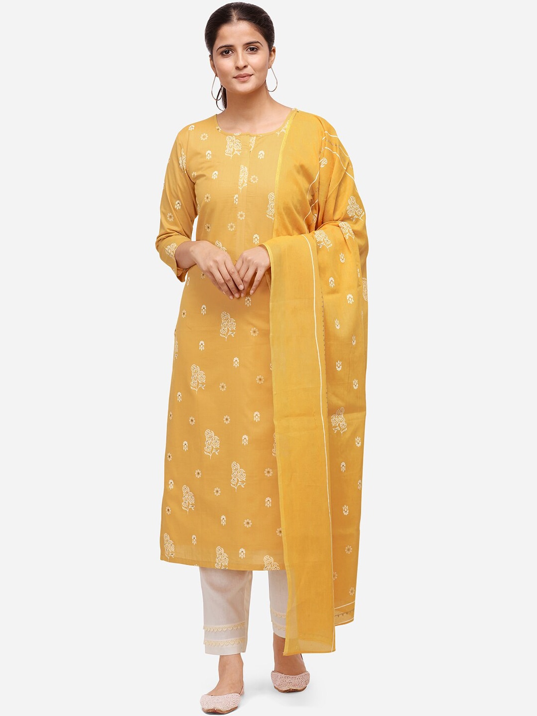 Kvsfab Mustard Yellow & Off-White Cotton Blend Unstitched Dress Material Price in India