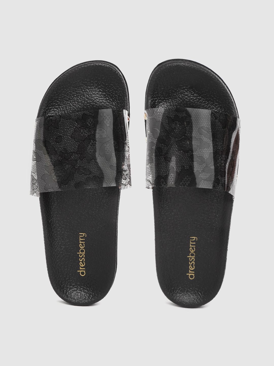 DressBerry Women Transparent & Black Floral Print Sliders Price in India