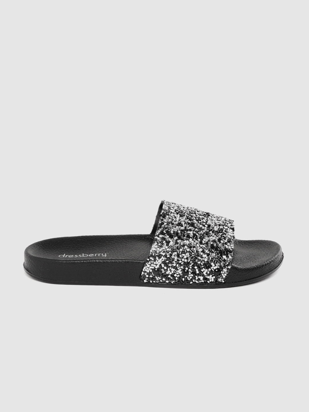 DressBerry Women Black & Silver-Toned Embellished Sliders Price in India