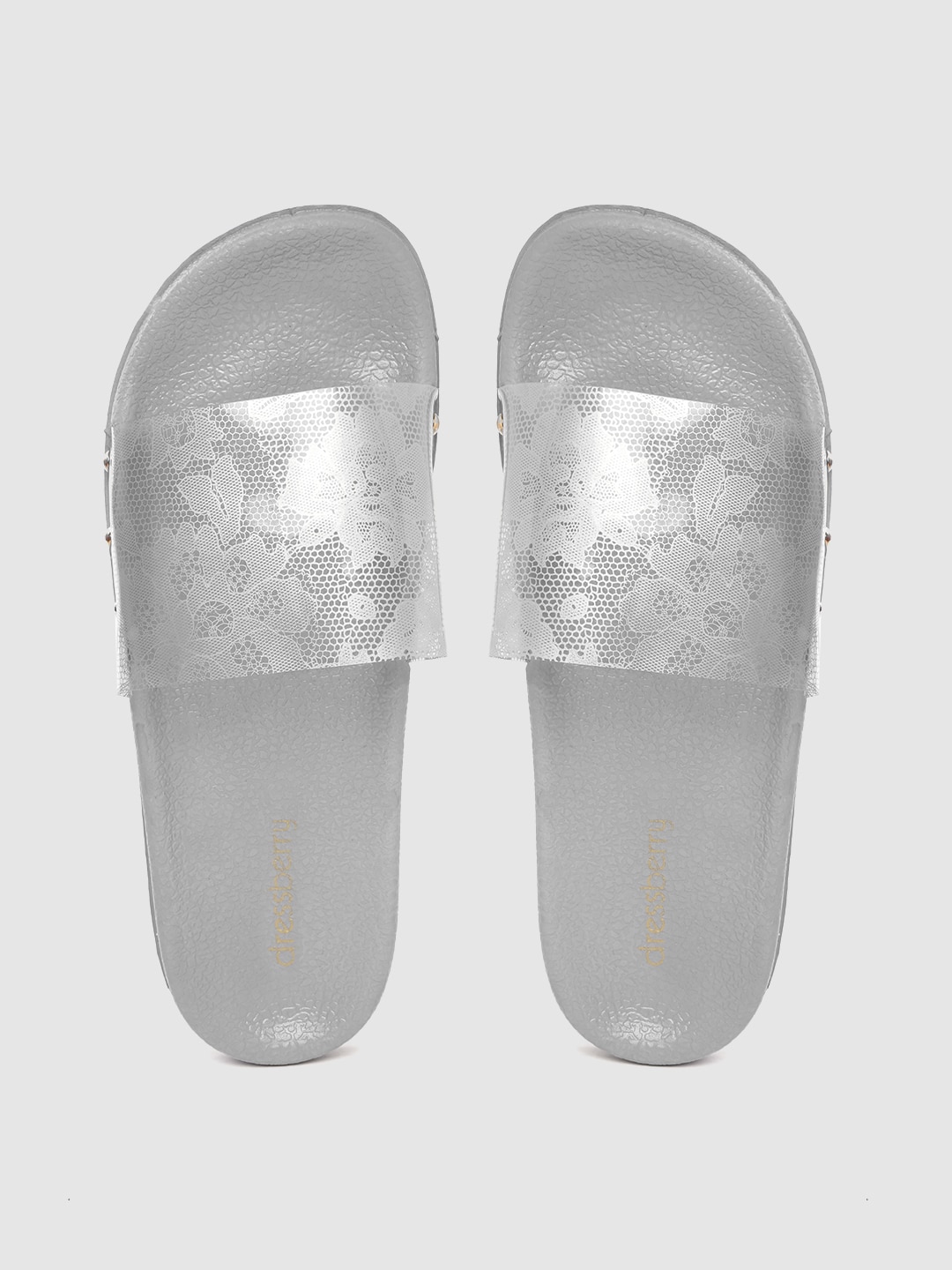 DressBerry Women Silver-Toned & Grey Floral Print Sliders Price in India