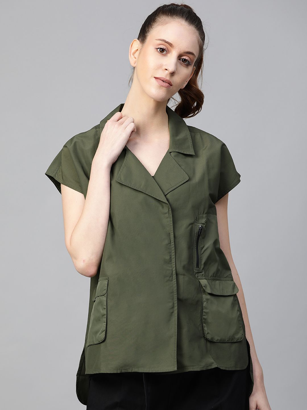 Bhaane Women Olive Green Regular Fit Solid Casual Shirt