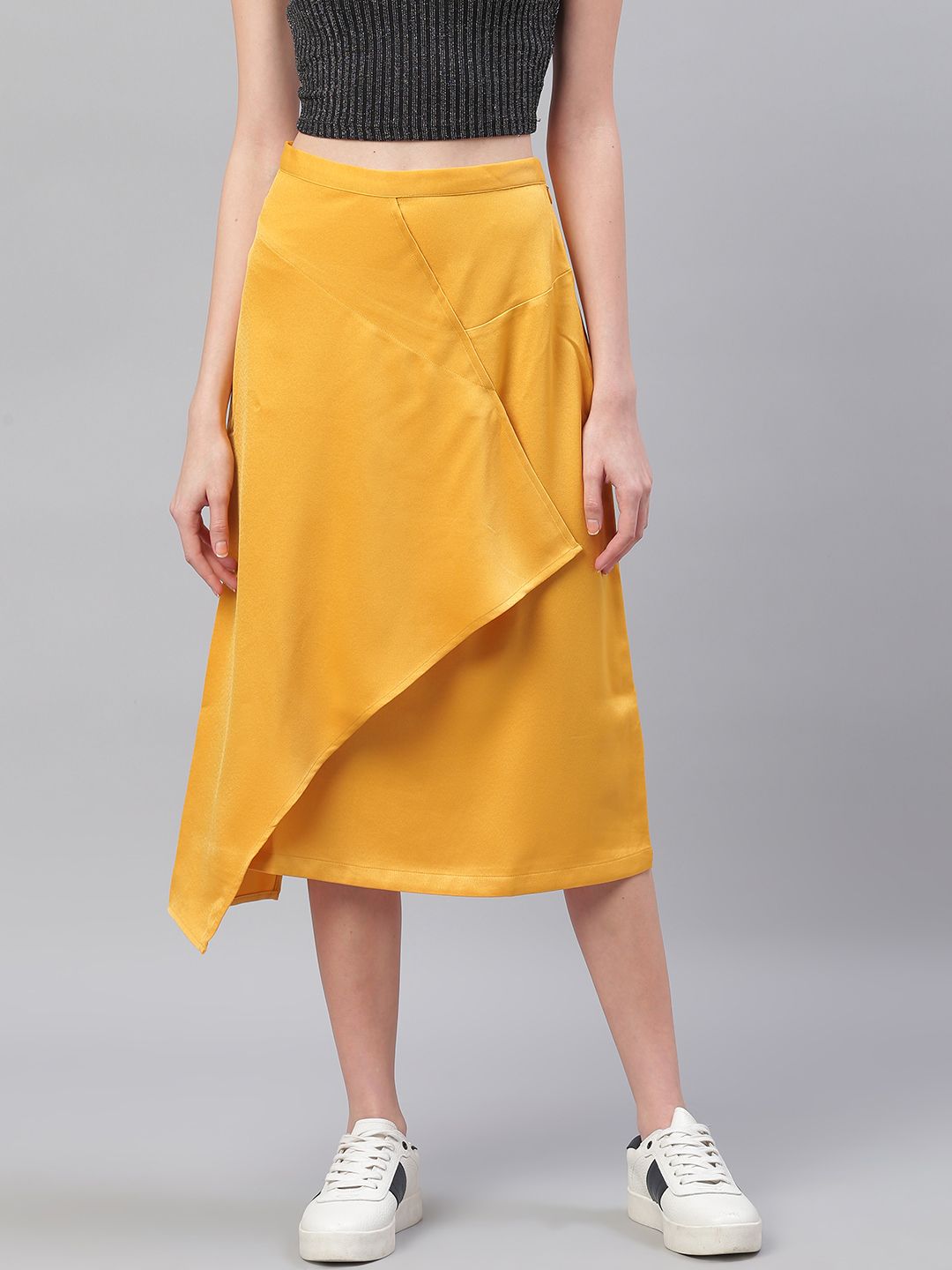 Bhaane Women Mustard Yellow Solid Midi Wrap Skirt