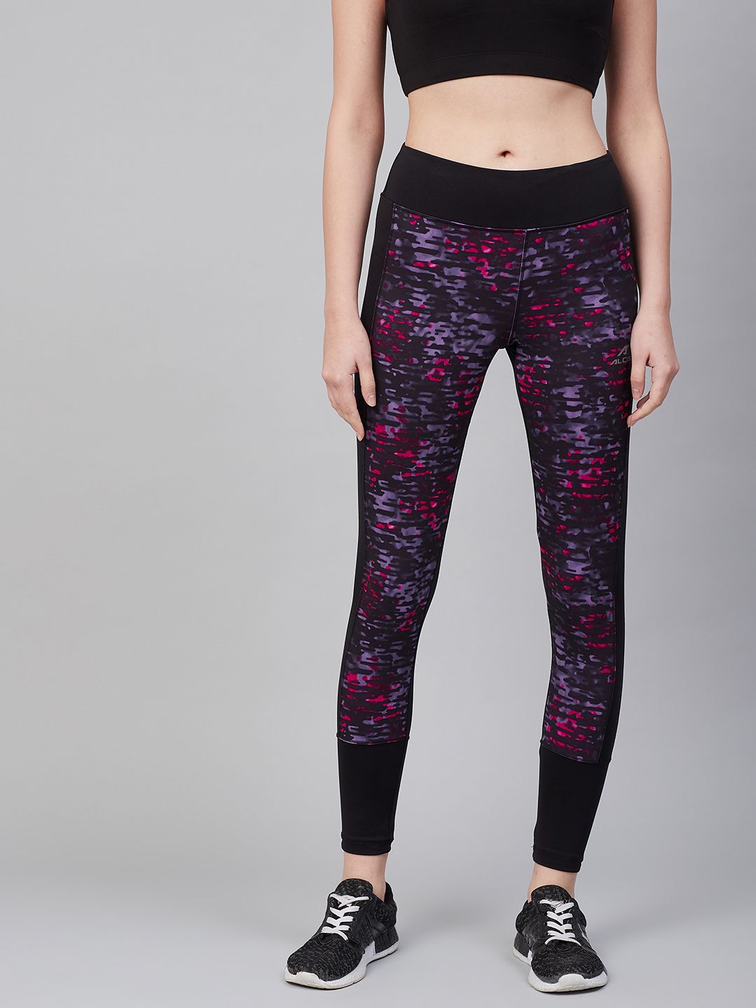 Alcis Women Black & Purple Printed Training Tights Price in India