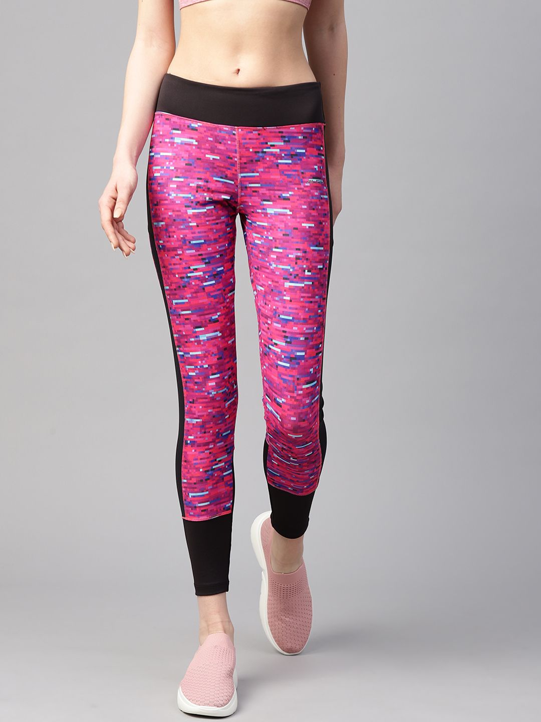 Alcis Women Pink & Black Abstract Print Tights Price in India