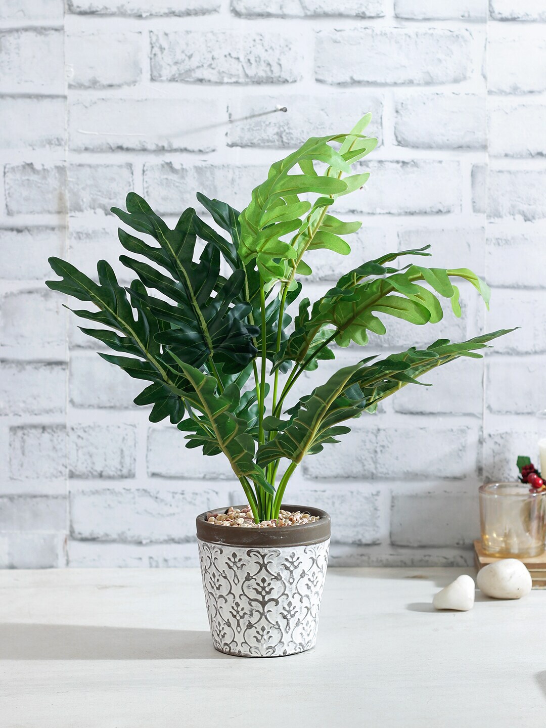 TAYHAA Green Artificial Cut Leaf Plant With White Printed Pot Price in India