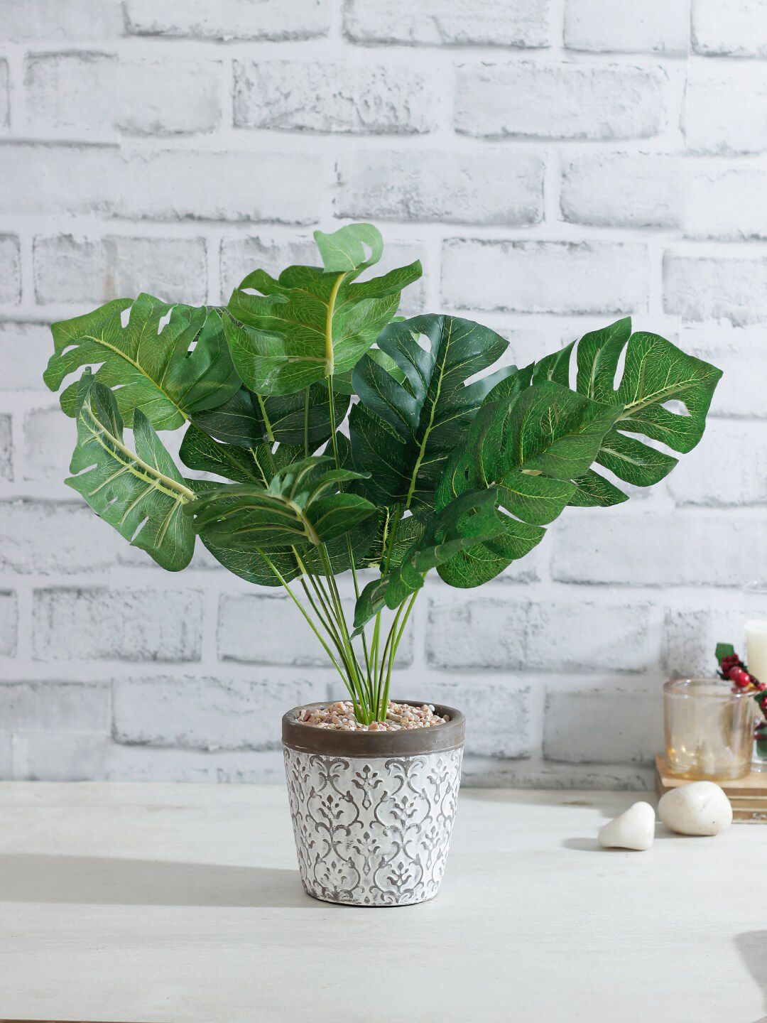 TAYHAA Green Artificial Philo Cut Leaf Plant With White Pot Price in India
