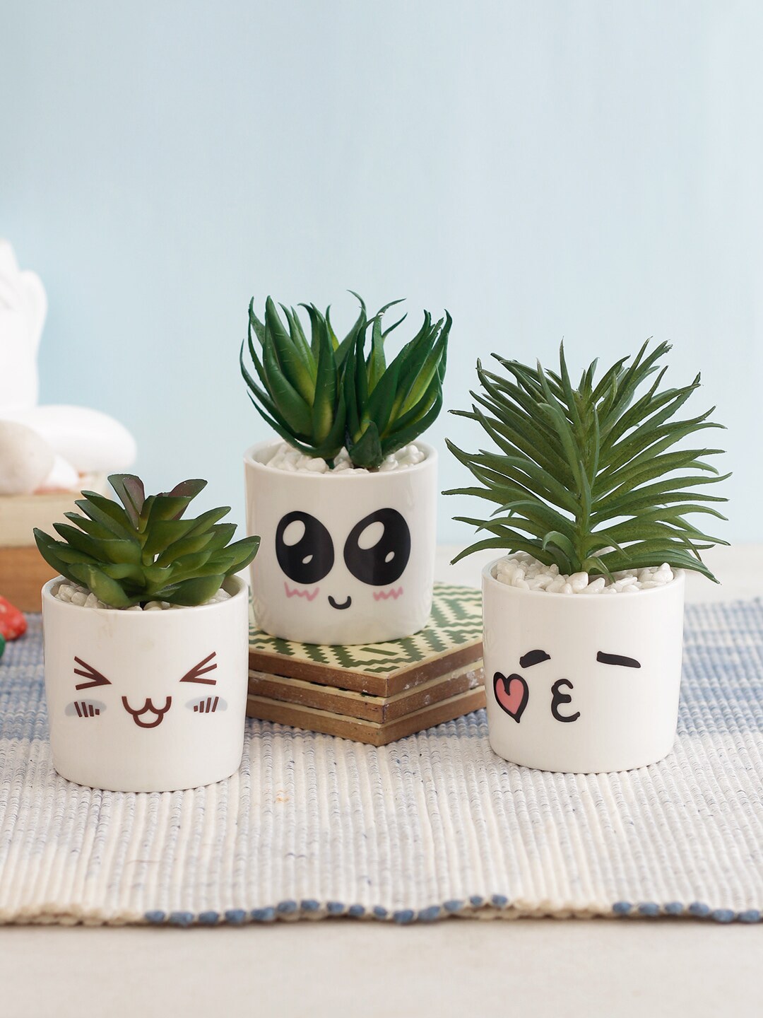 TAYHAA Set Of 3 Green Artificial Succulent Plants With White Pots Price in India