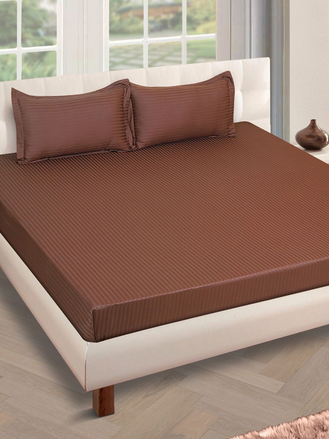 ROMEE Brown Striped 250 TC Cotton 1 King Bedsheet with 2 Pillow Covers Price in India