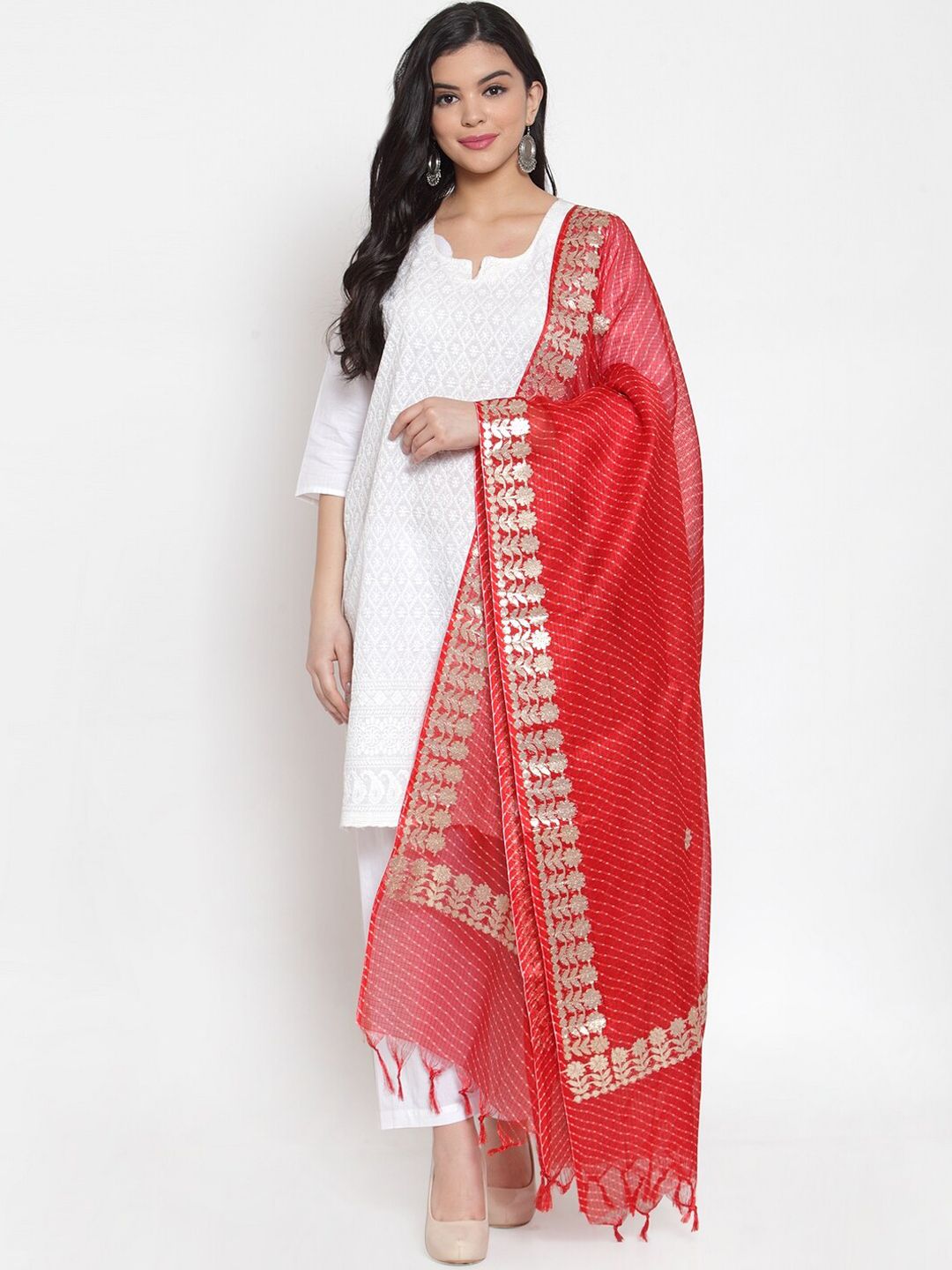 SOUNDARYA Red & Gold-Coloured Striped Pure Cotton Dupatta Price in India