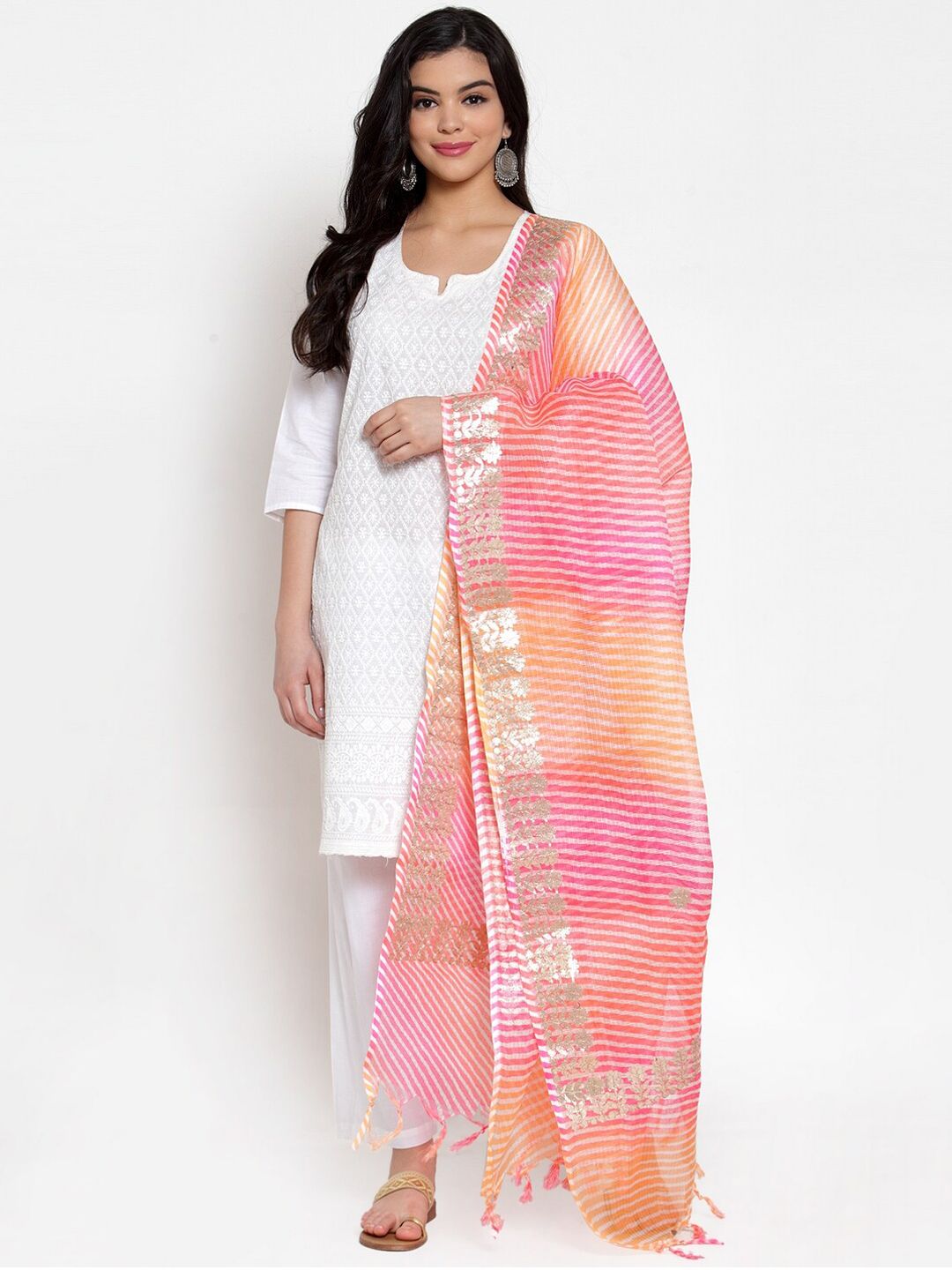 SOUNDARYA Pink & Orange Striped Gota Patti Cotton Dupatta Price in India