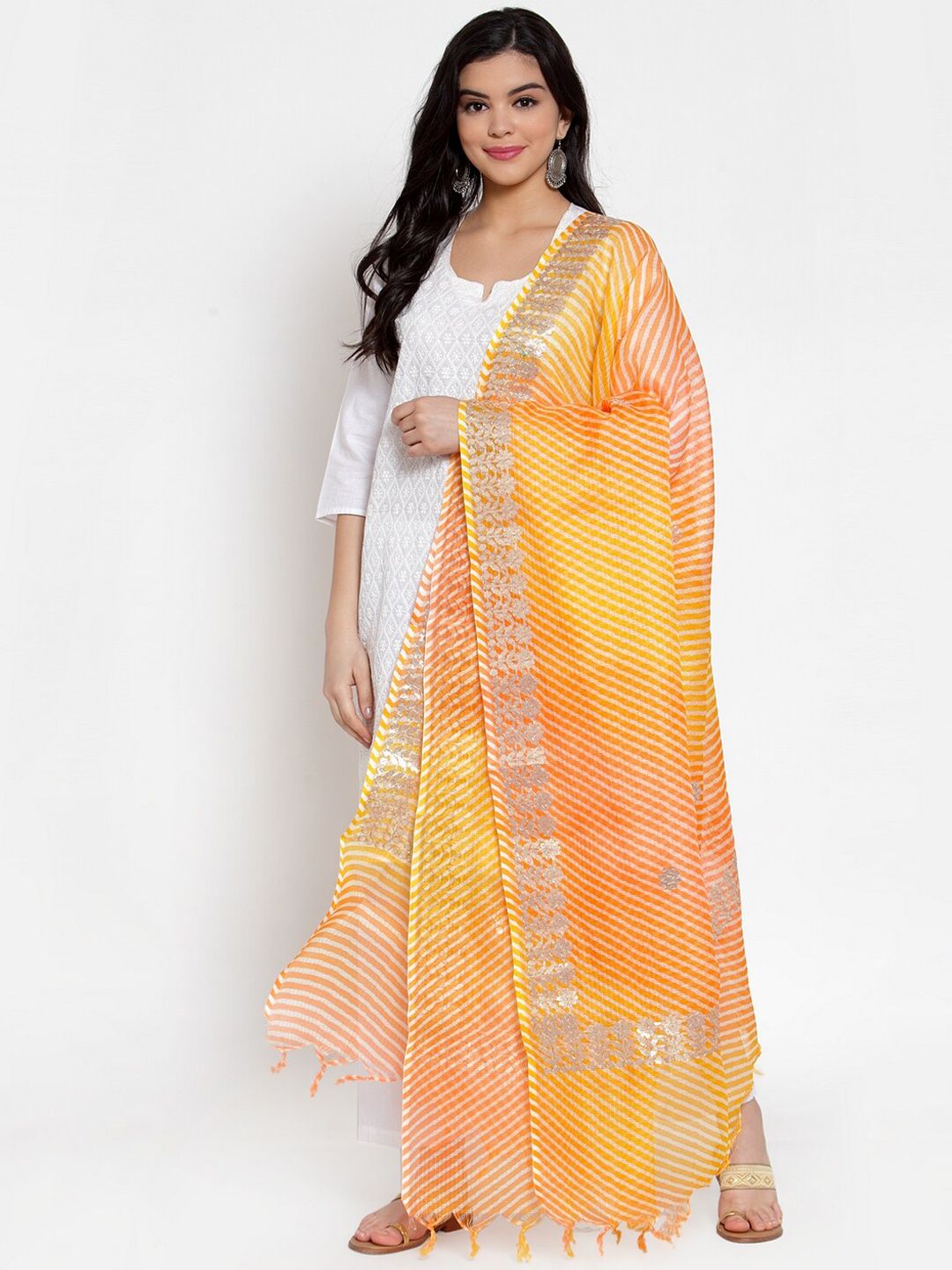 SOUNDARYA Yellow & Orange Striped Cotton Dupatta Price in India