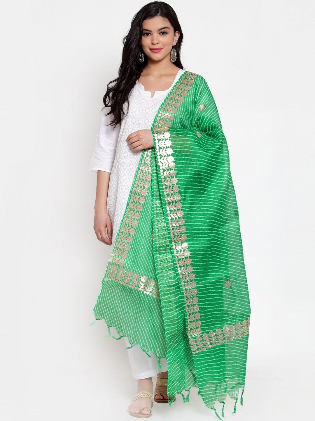 SOUNDARYA Women Green & Gold-Toned Striped Gota-Patti Cotton Dupatta