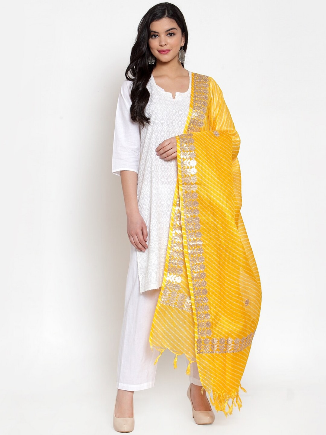 SOUNDARYA Yellow & Gold-Coloured Striped Cotton Dupatta Price in India