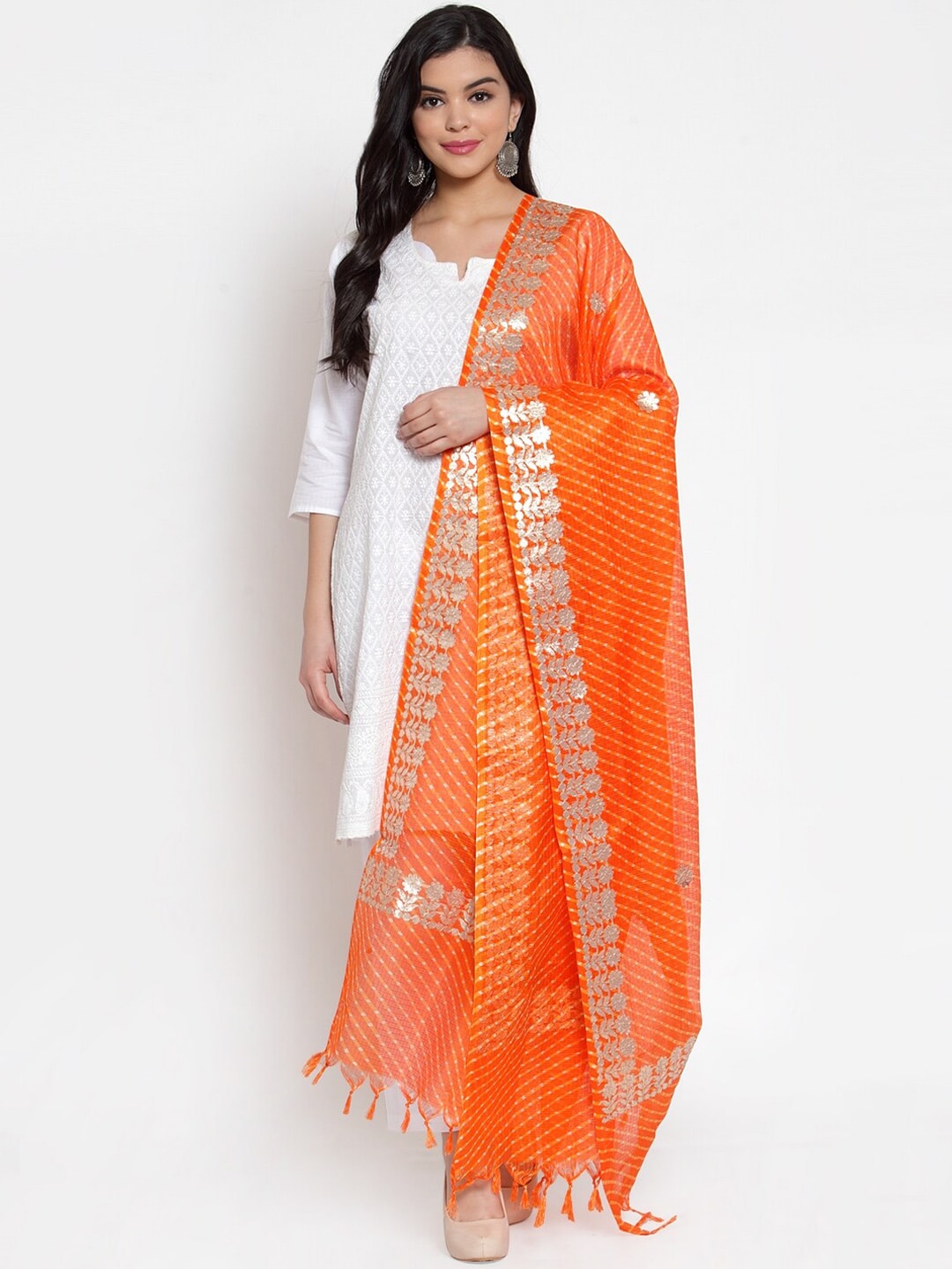 SOUNDARYA Orange & Gold-Coloured Striped Cotton Dupatta Price in India