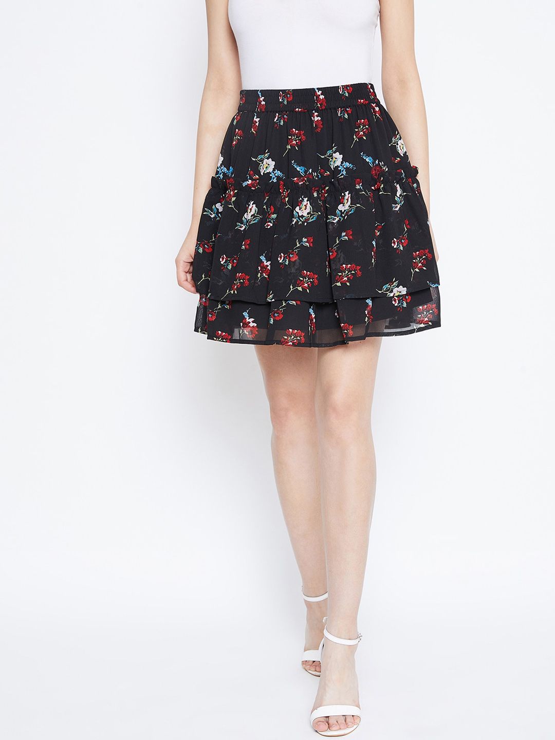 Berrylush Black & Red Floral Printed Flared Mini Georgette Skirt