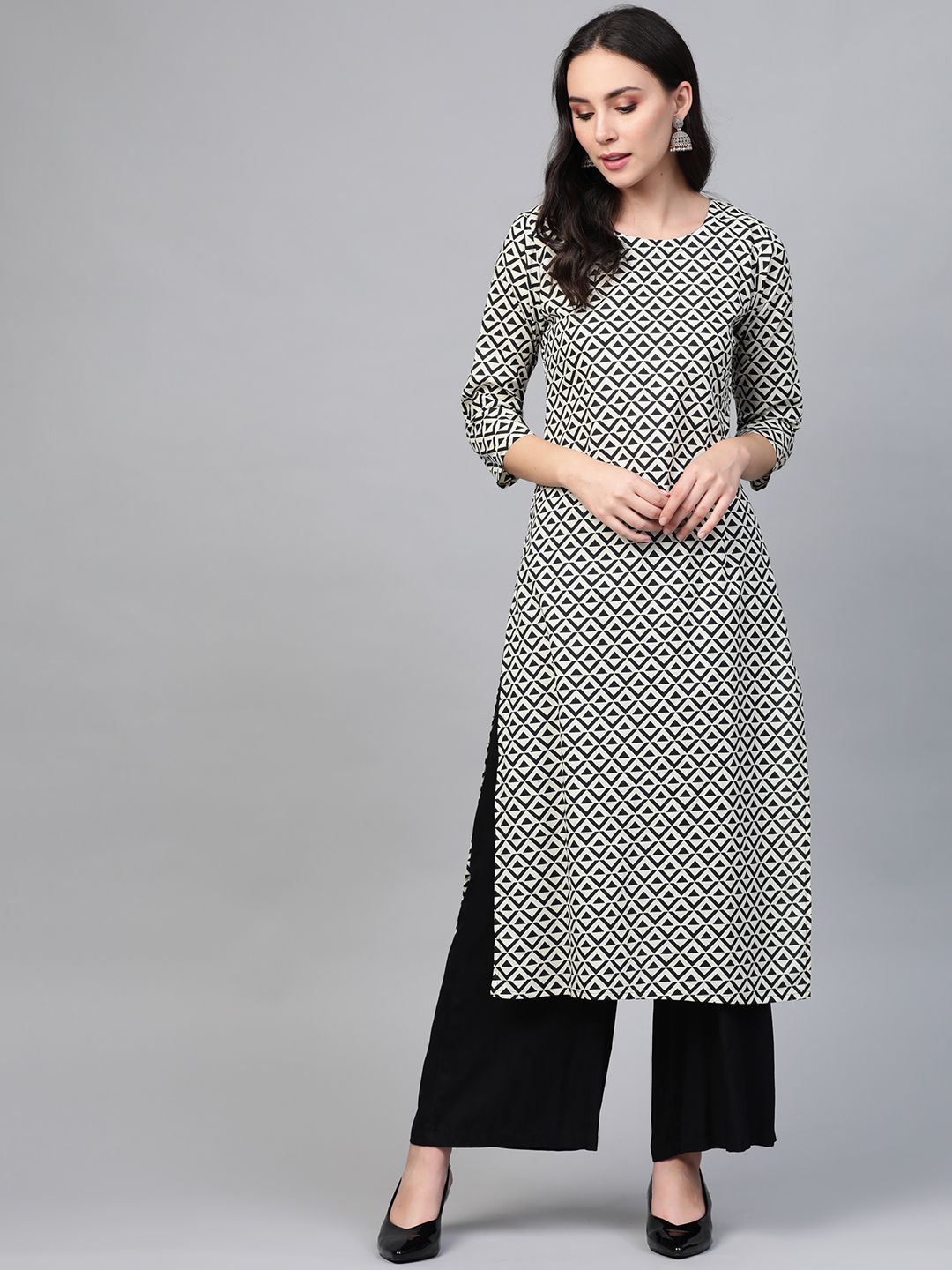 See Designs Women Off-White & Black Printed Straight Kurta Price in India