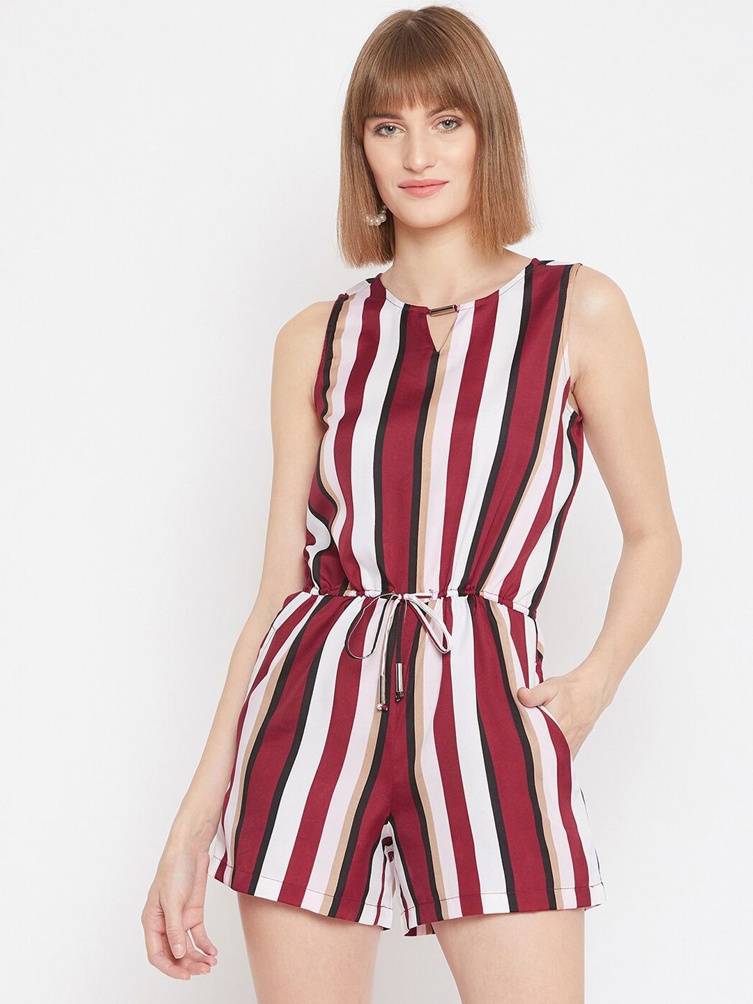 PURYS Women Maroon & White Striped Playsuit Price in India