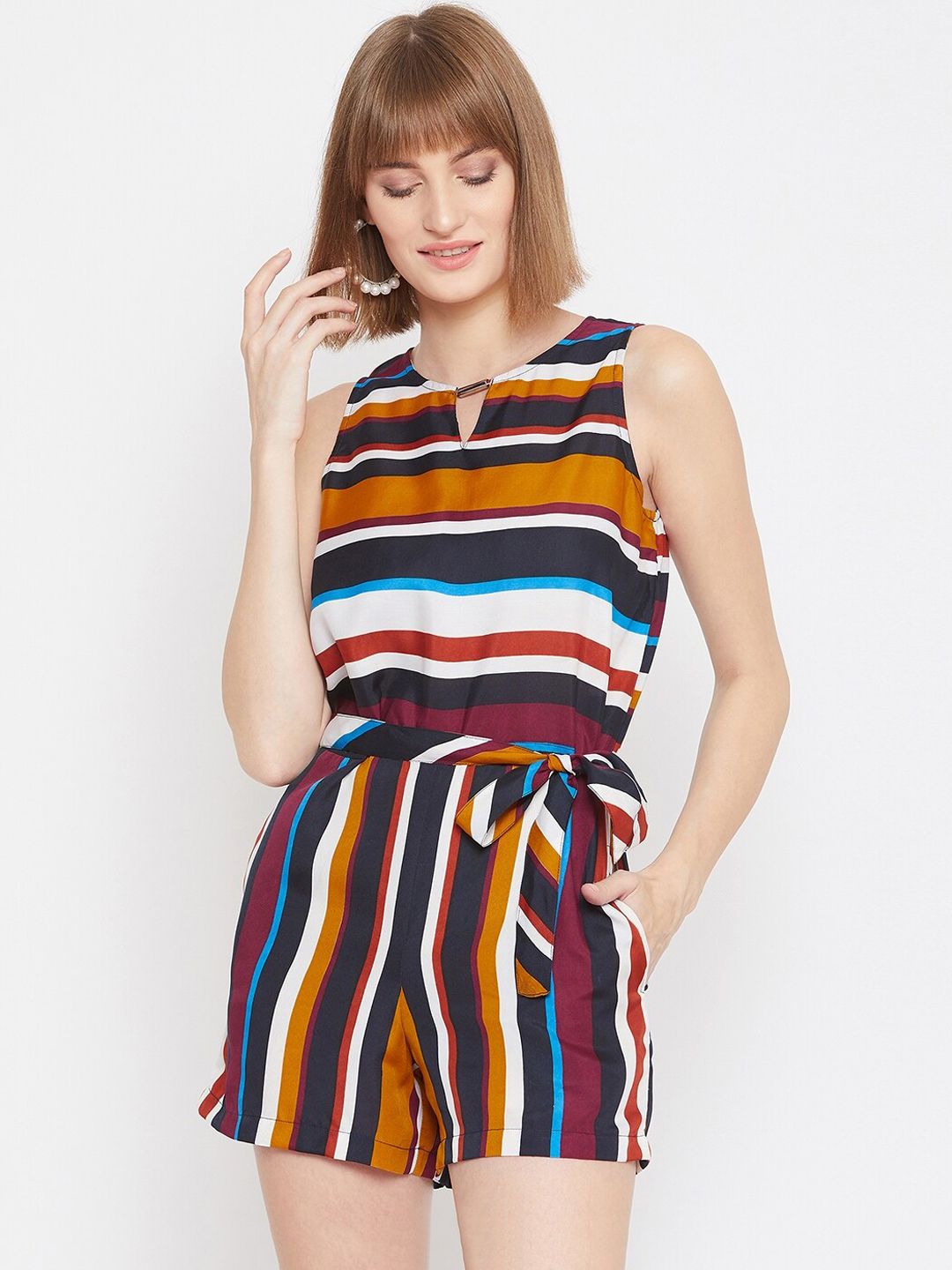 PURYS Women Multicoloured Striped Playsuit Price in India