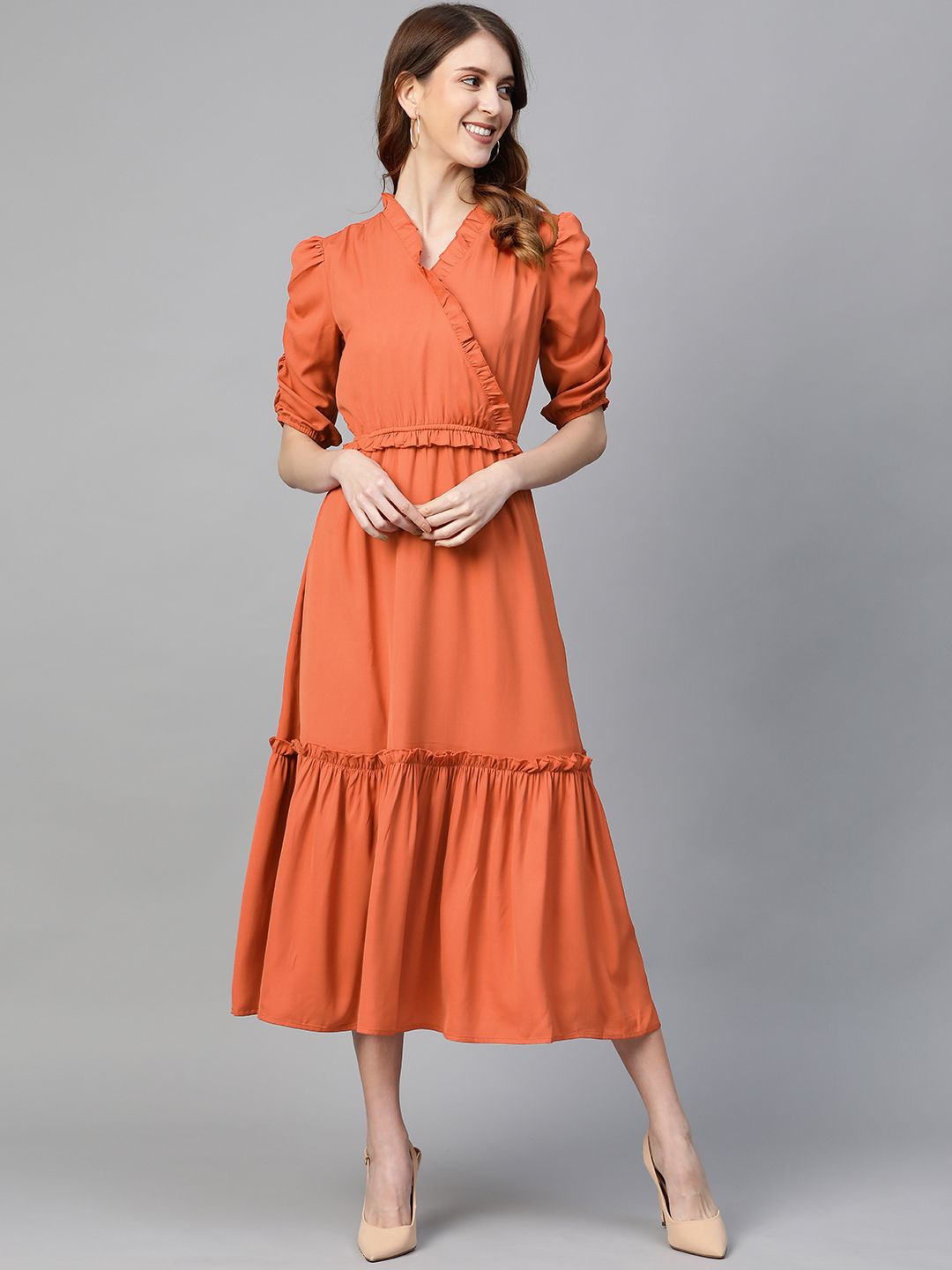plusS Orange Tiered Wrap Dress Price in India