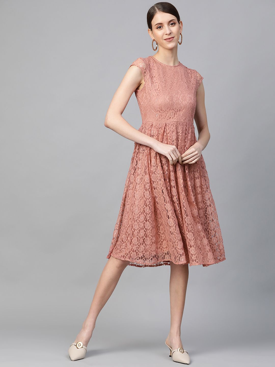 plusS Women Peach-Coloured Lace A-Line Dress Price in India