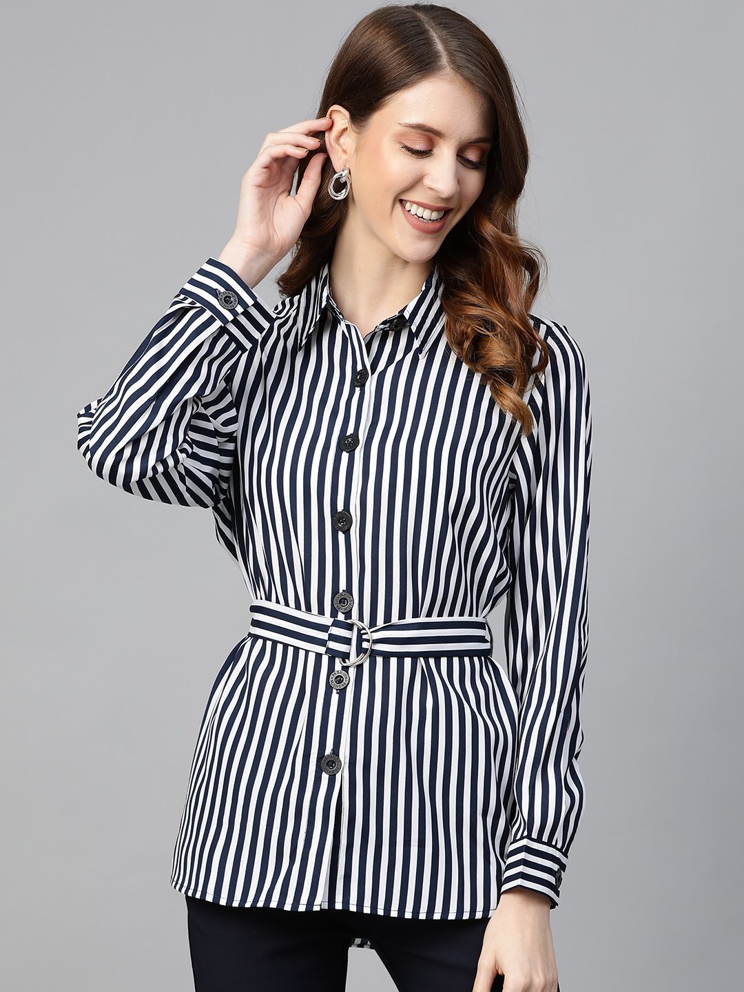 plusS Women Navy Blue & White Regular Fit Striped Longline Casual Shirt with Belt