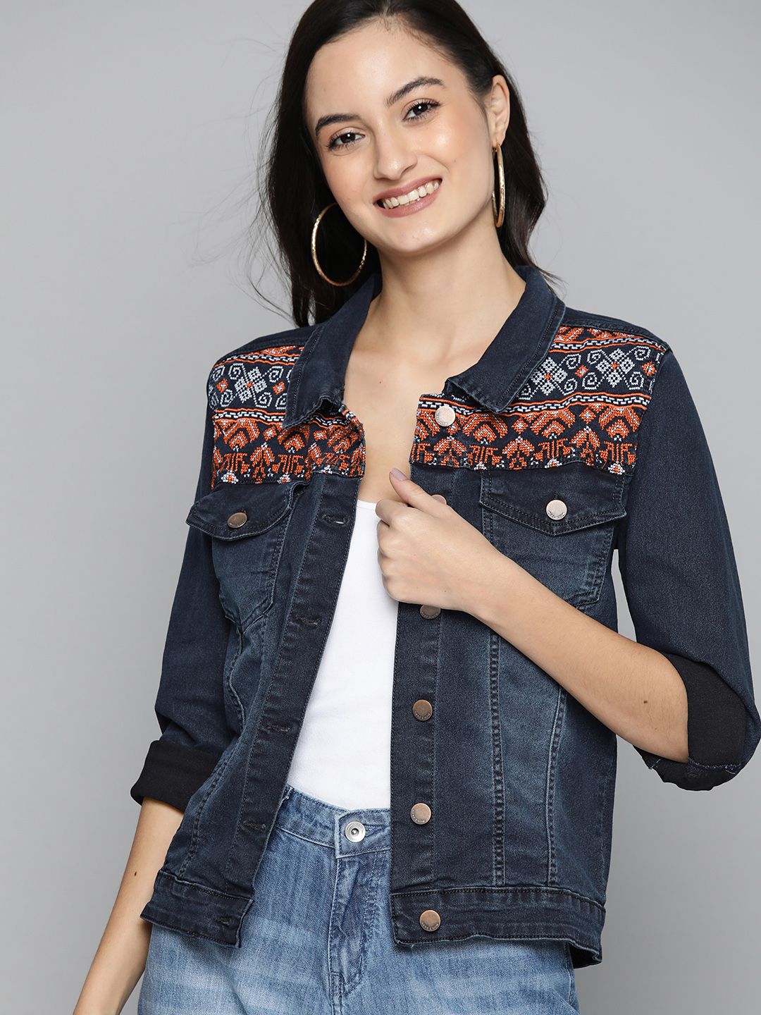 HERE&NOW Women Navy Blue Solid Regular Trucker Denim Jacket with Embroidered Detail Price in India