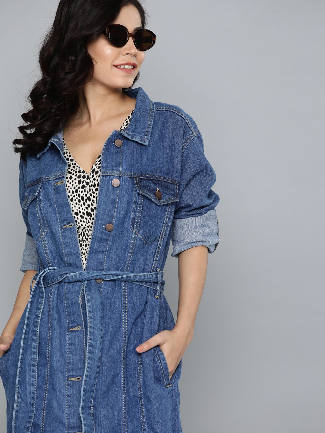 HERE&NOW Women Blue Solid Denim Longline Jacket Price in India