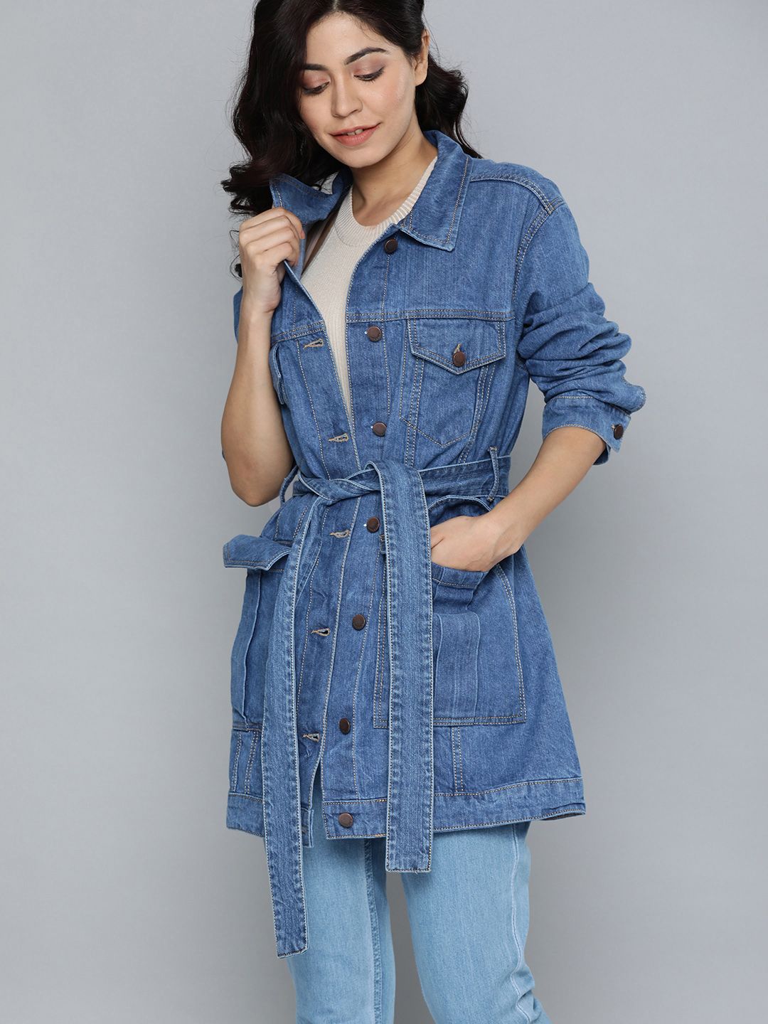 HERE&NOW Women Blue Solid Longline Denim Jacket Price in India
