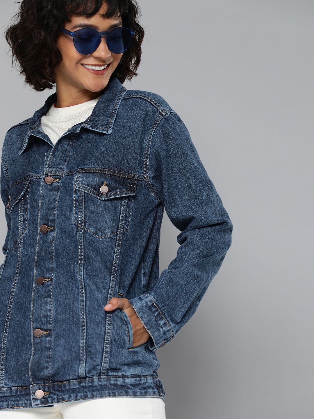 HERE&NOW Women Blue Washed Denim Jacket Price in India