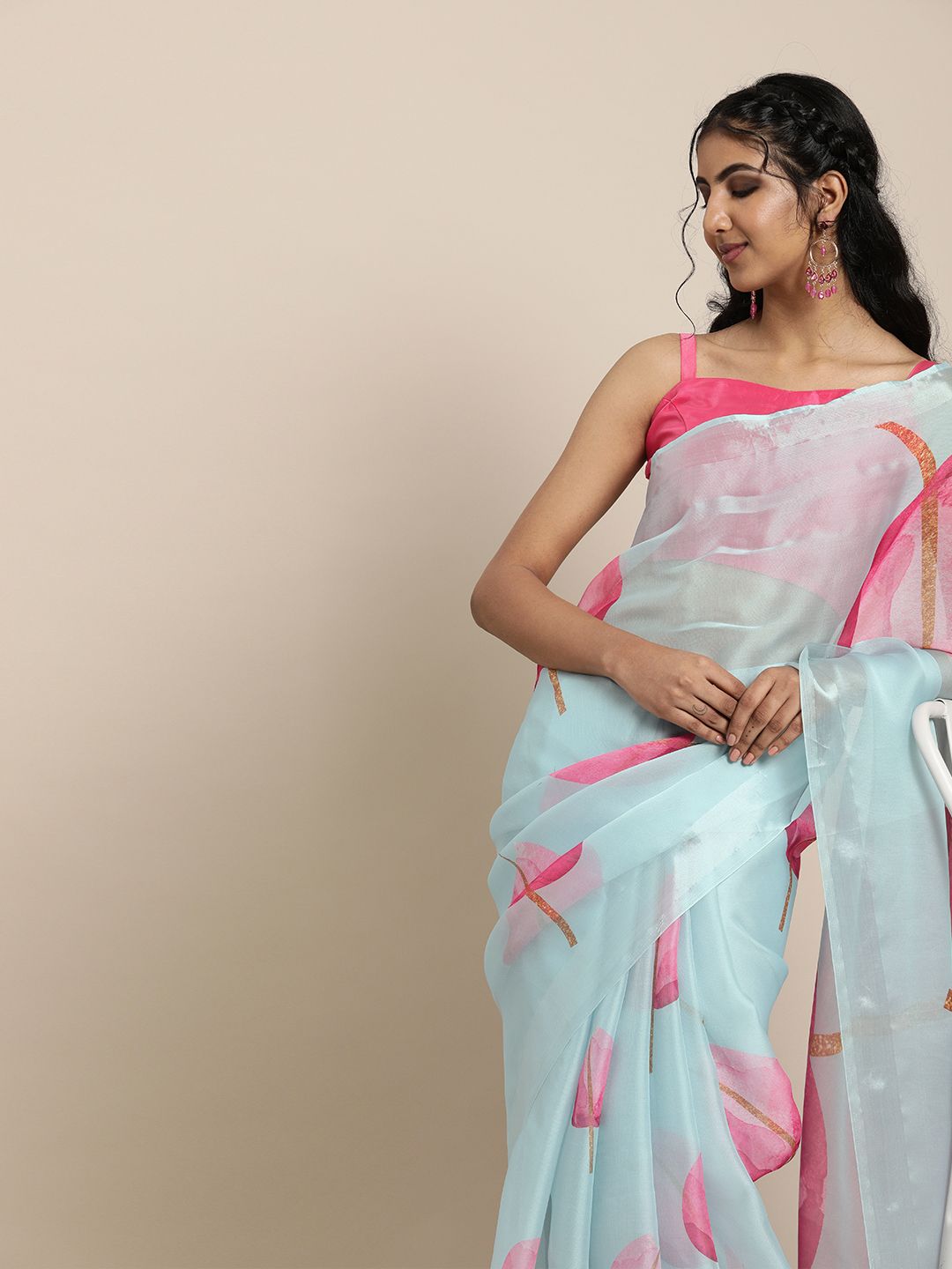 Inddus Blue & Pink Organza Floral Printed Saree