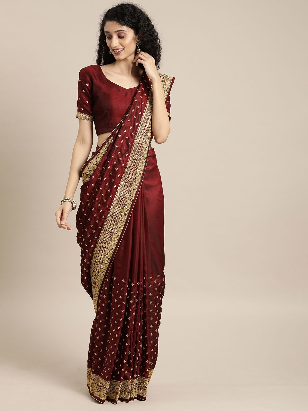 Inddus Maroon & Gold-Toned Silk Blend Embroidered Saree